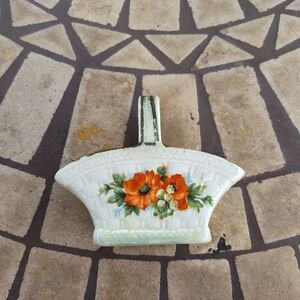 Vintage Ceramic Basket Planter Made In Czechoslovakia Orange Green Floral Print